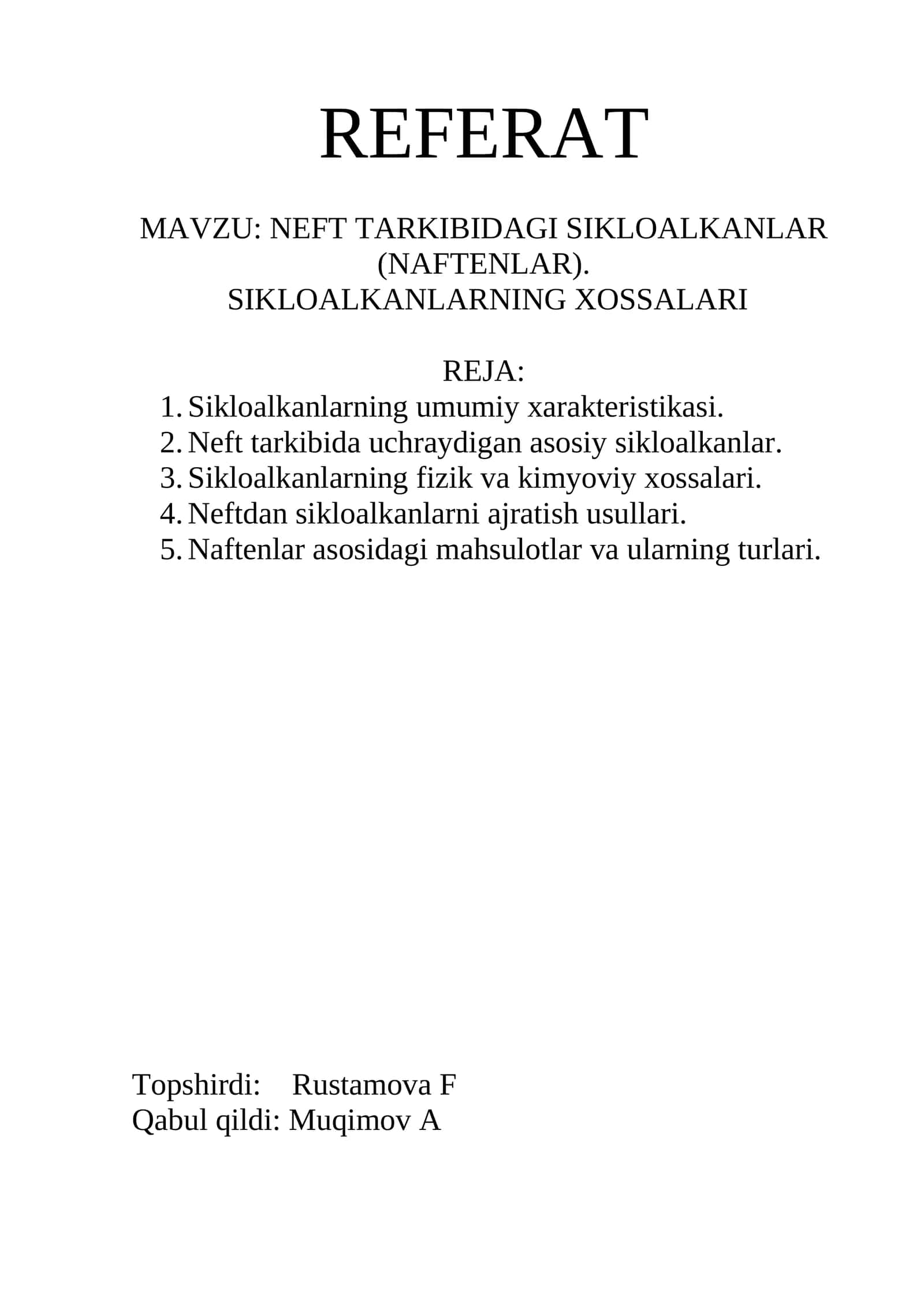 NEFT TARKIBIDAGI SIKLOALKANLAR (NAFTENLAR)