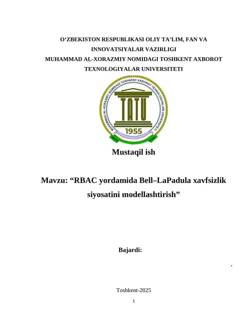 RBAC yordamida Bell–LaPadula xavfsizlik siyosatini modellashtirish”
