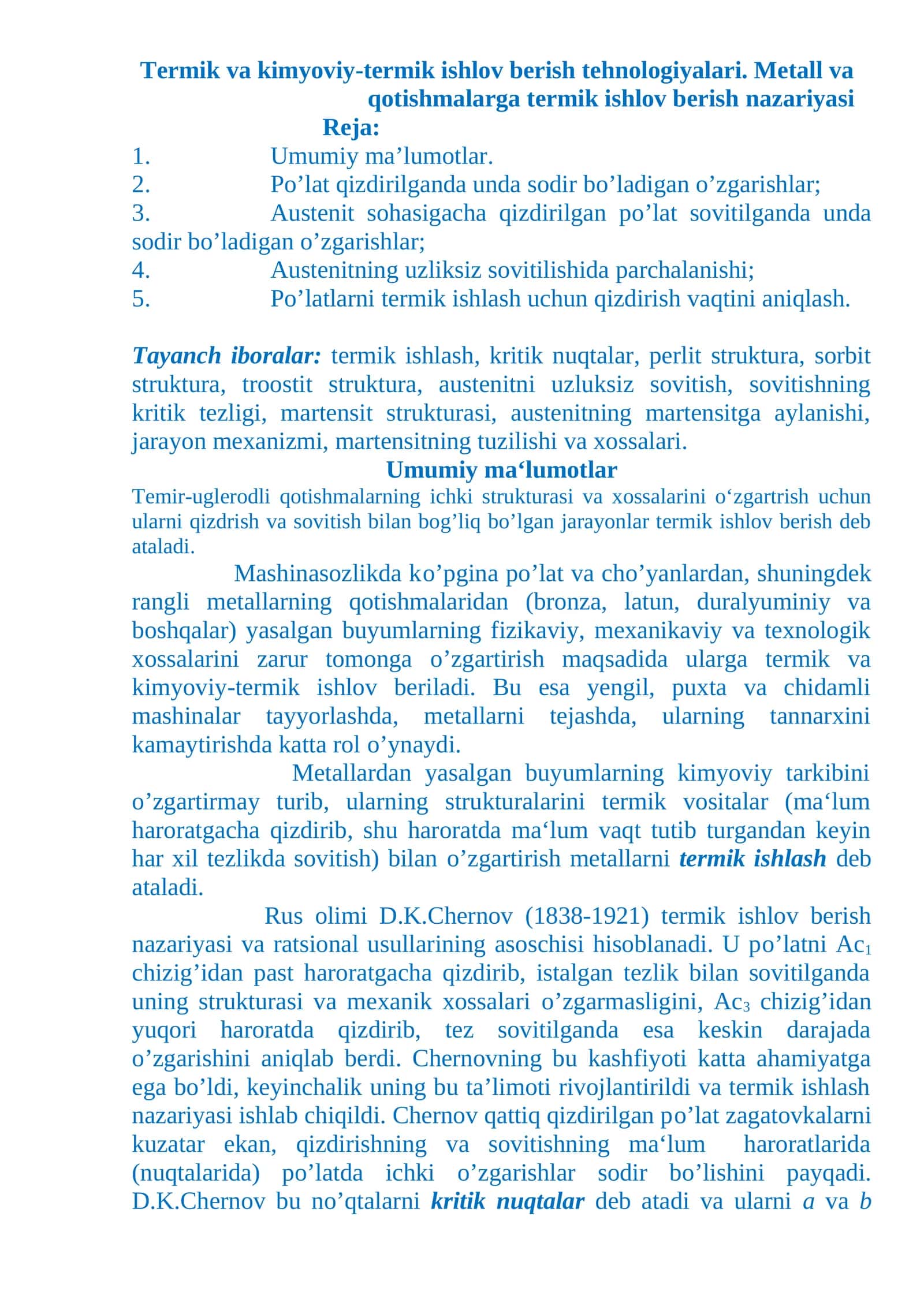 Termik va kimyoviy-termik ishlov berish tehnologiyalari