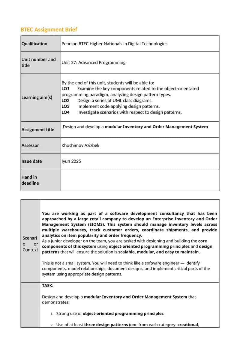 Unit 27: Advanced Programming Assignment Brief