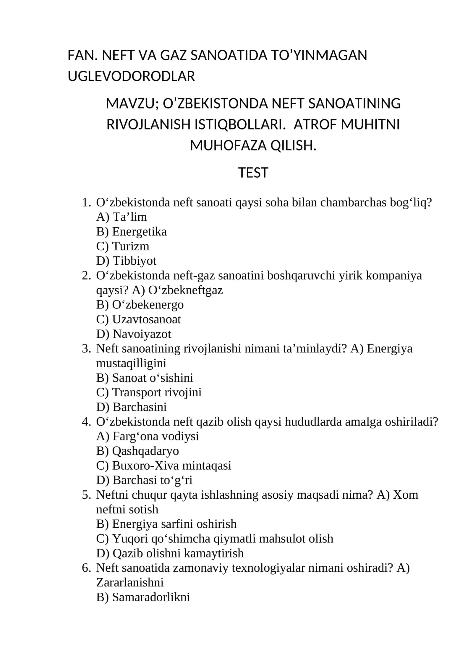 NEFT VA GAZ SANOATIDA TO’YINMAGAN UGLEVODORODLAR