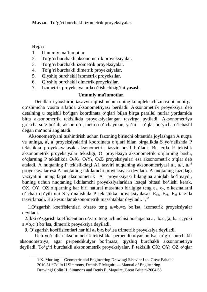 To’g’ri burchakli izometrik proyeksiyalar
