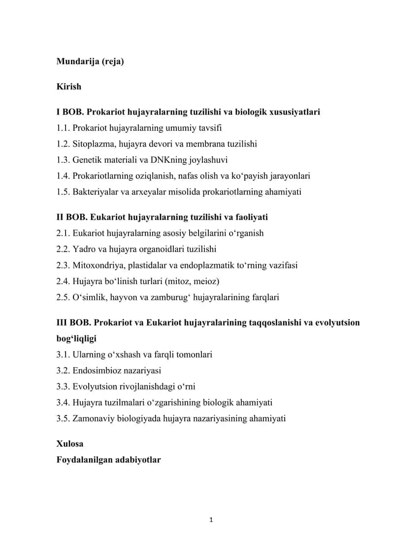 Prokariot va eukariot hujayralarning tuzilishi va biologik xususiyatlari.