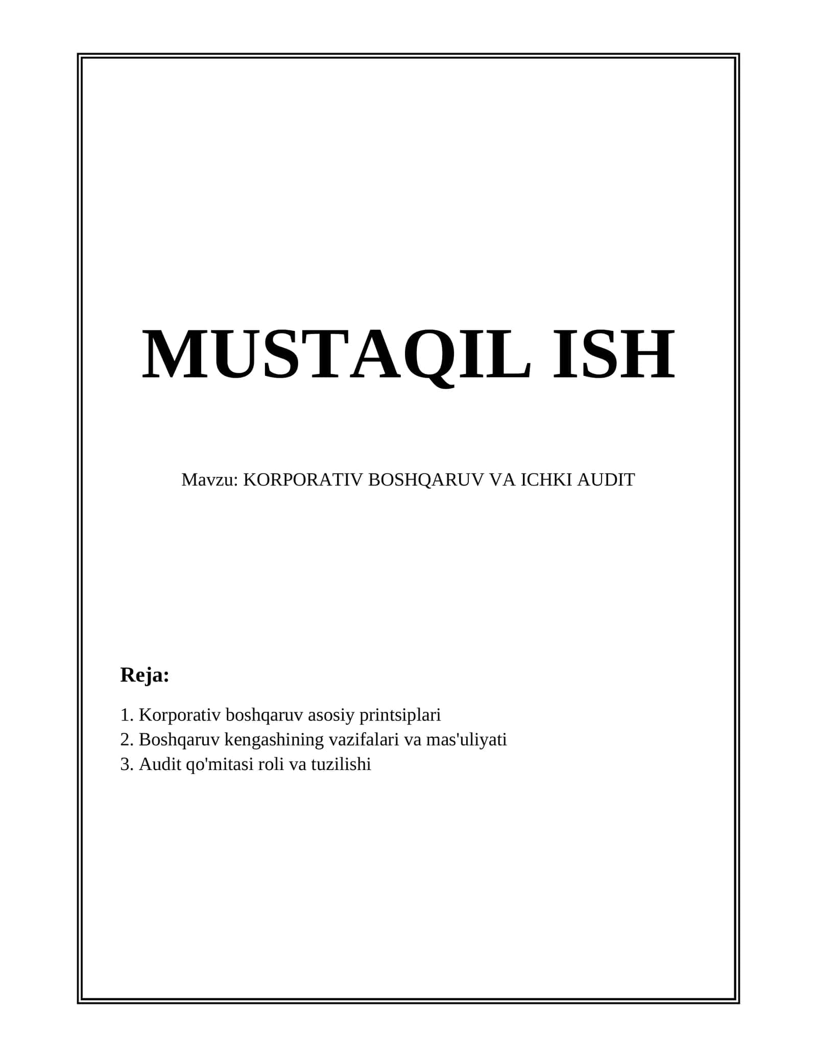 KORPORATIV BOSHQARUV VA ICHKI AUDIT