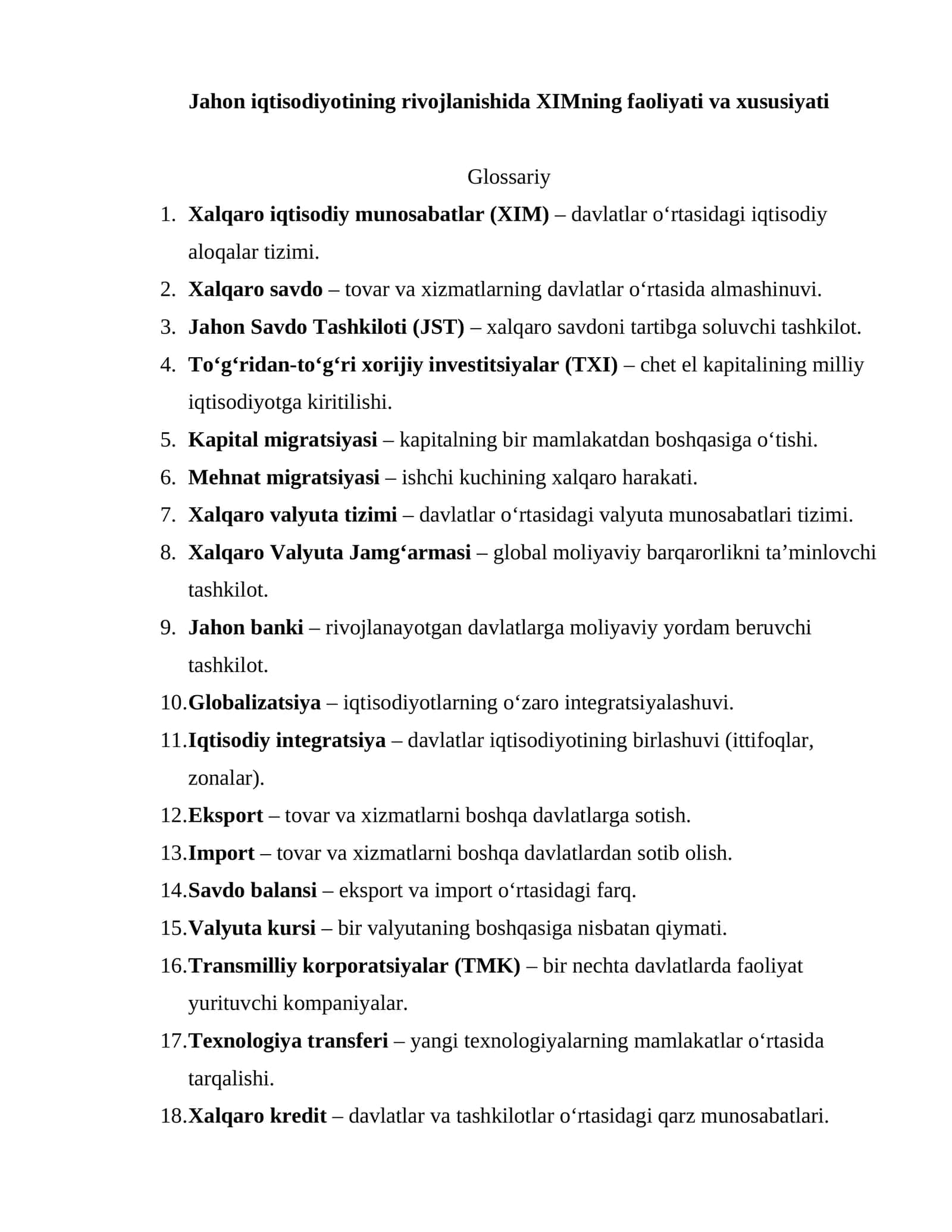Jahon iqtisodiyotining rivojlanishida XIMning faoliyati va xususiyati