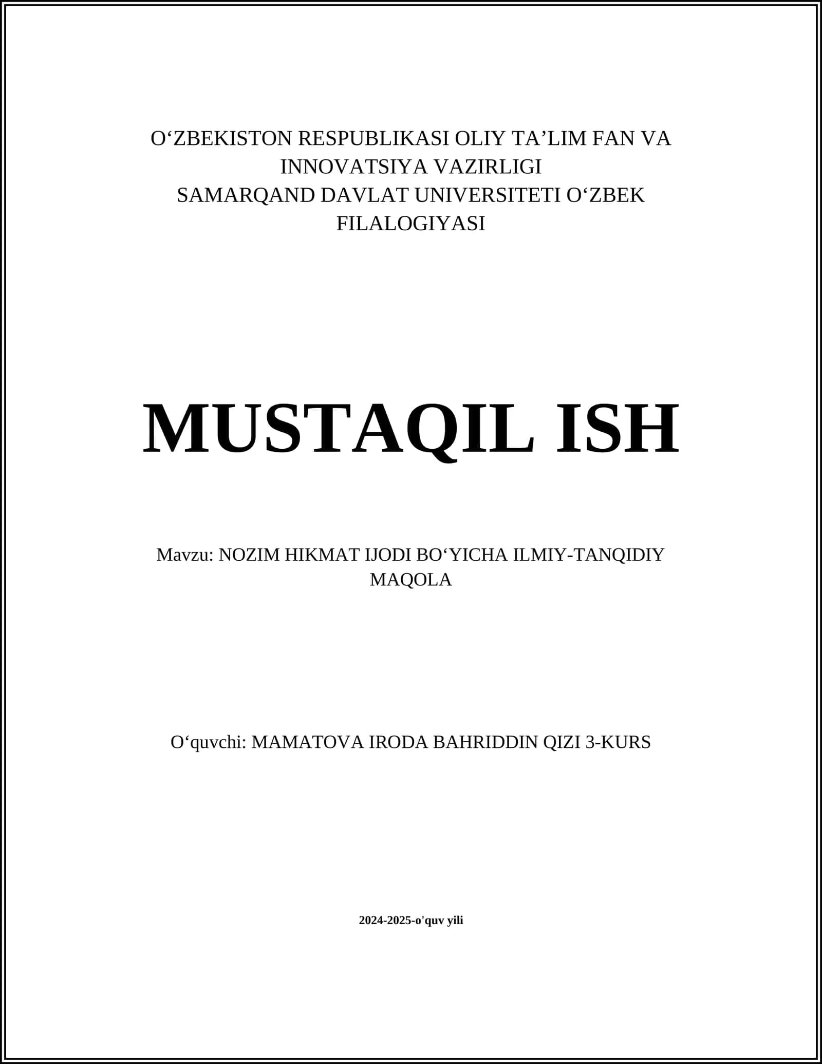 NOZIM HIKMAT IJODI BO‘YICHA ILMIY-TANQIDIY MAQOLA