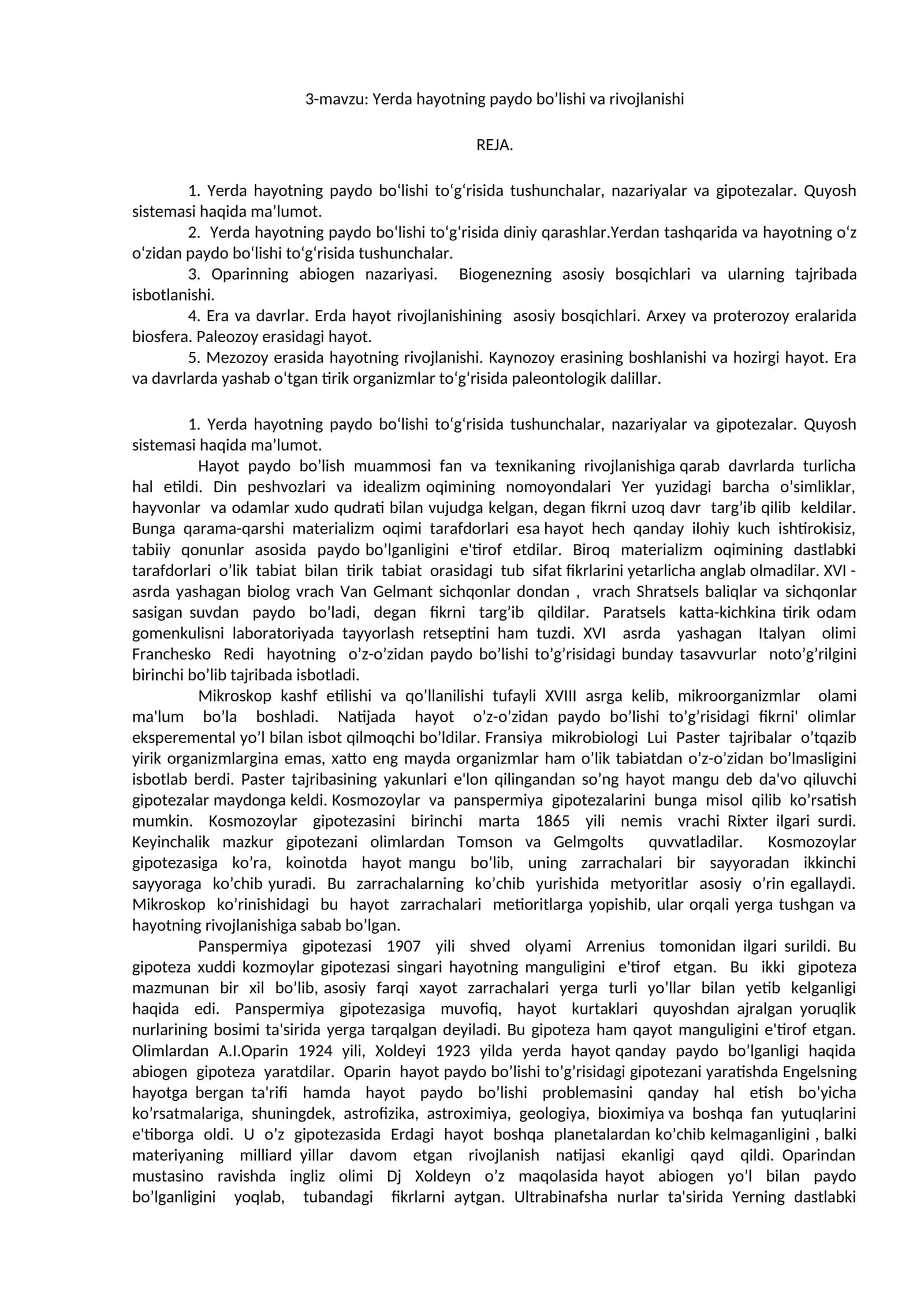 Yerda hayotning paydo bo’lishi va rivojlanishi