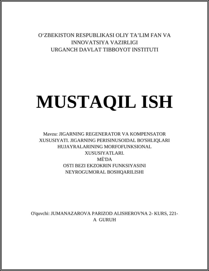 JIGARNING REGENERATOR VA KOMPENSATOR XUSUSIYATI