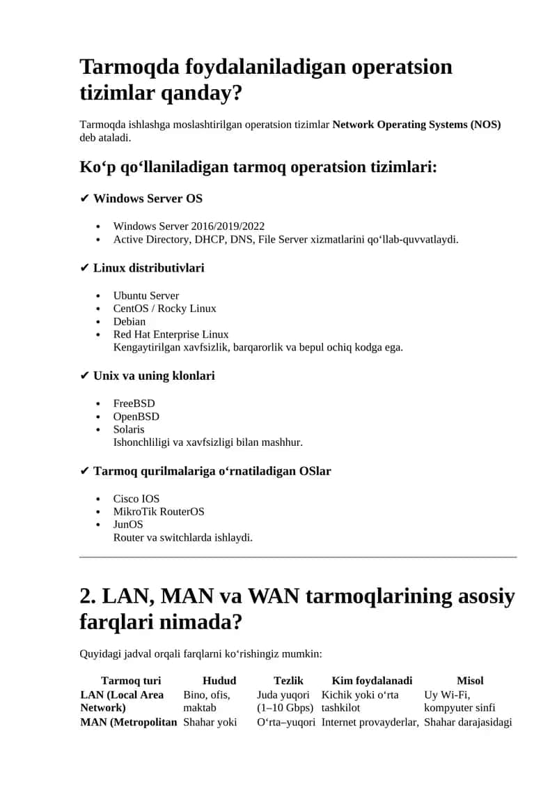 Operatsion Tizimlar Network Operating Systems (NOS)