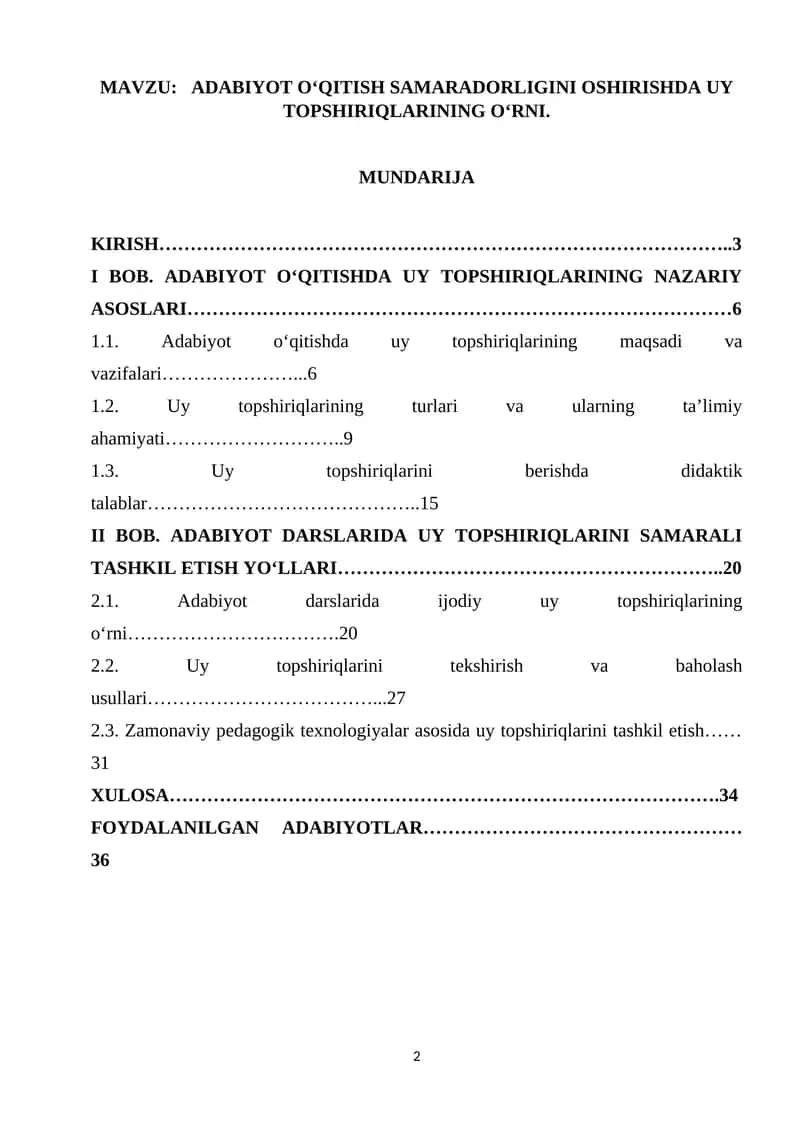 ADABIYOT O'QITISH SAMARADORLIGINI OSHIRISHDA UY TOPSHIRIQLARINING O'RNI