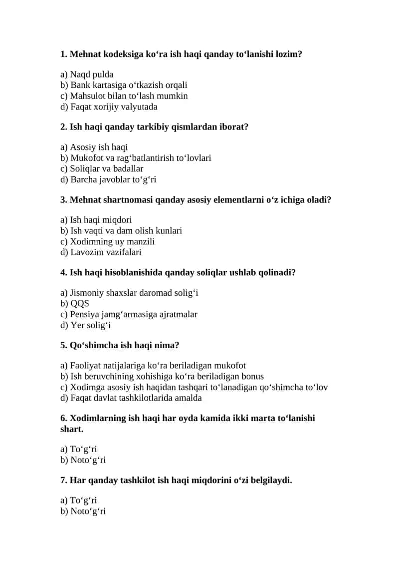 Mehnat kodeksi va ish haqi