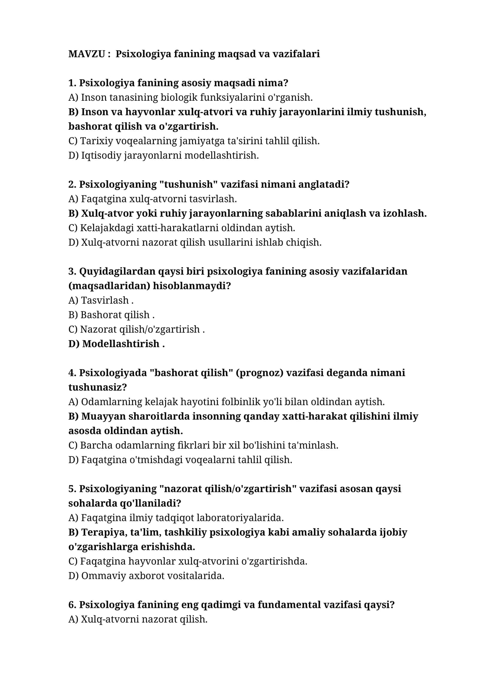 Psixologiya fanining maqsad va vazifalari