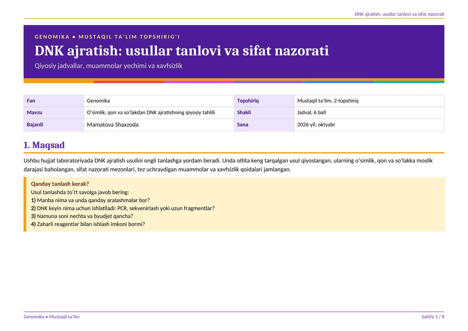 O‘simlik, qon va so‘lakdan DNK ajratishning qiyosiy tahlili
