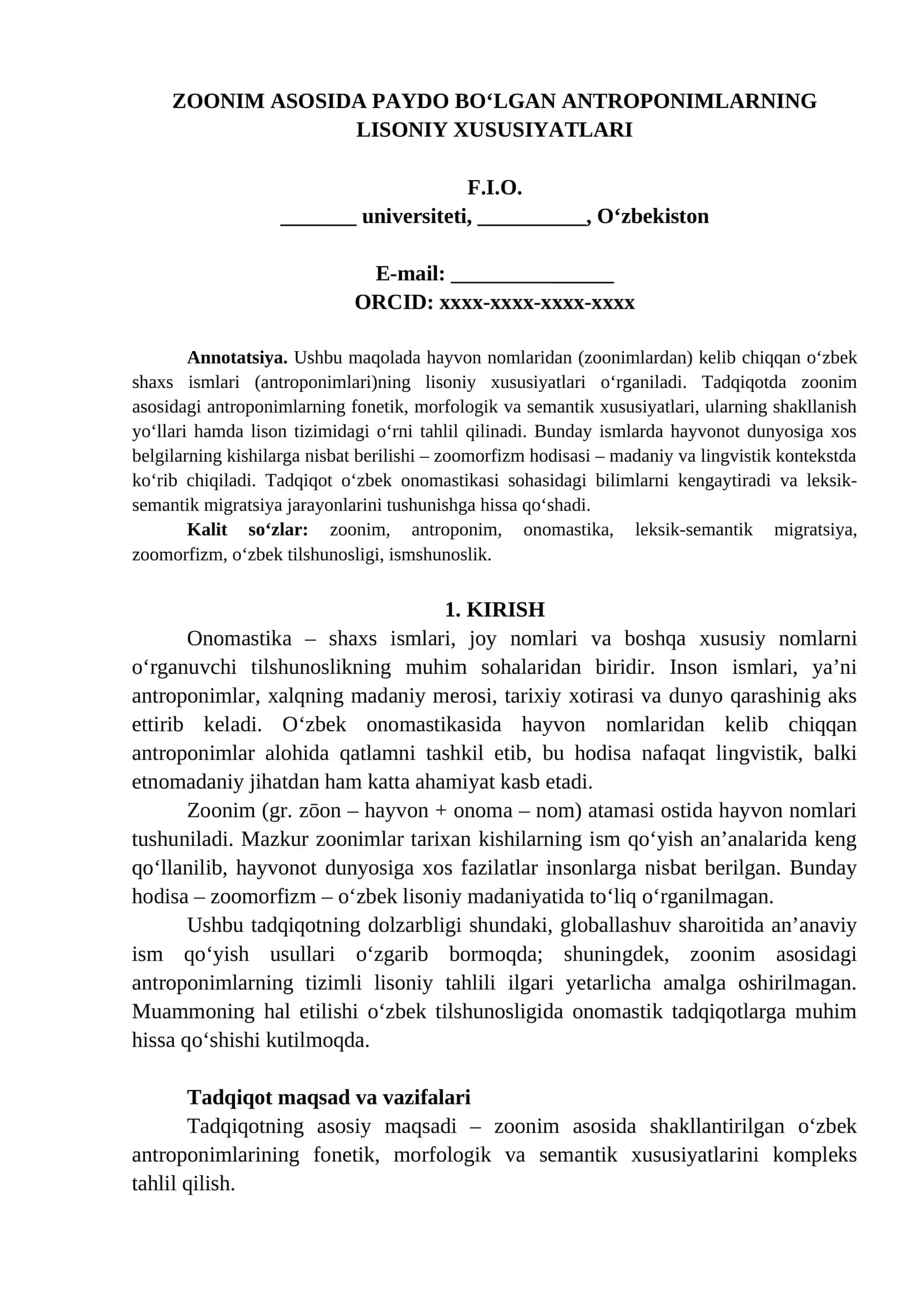 ZOONIM ASOSIDA PAYDO BO‘LGAN ANTROPONIMLARNING LISONIY XUSUSIYATLARI