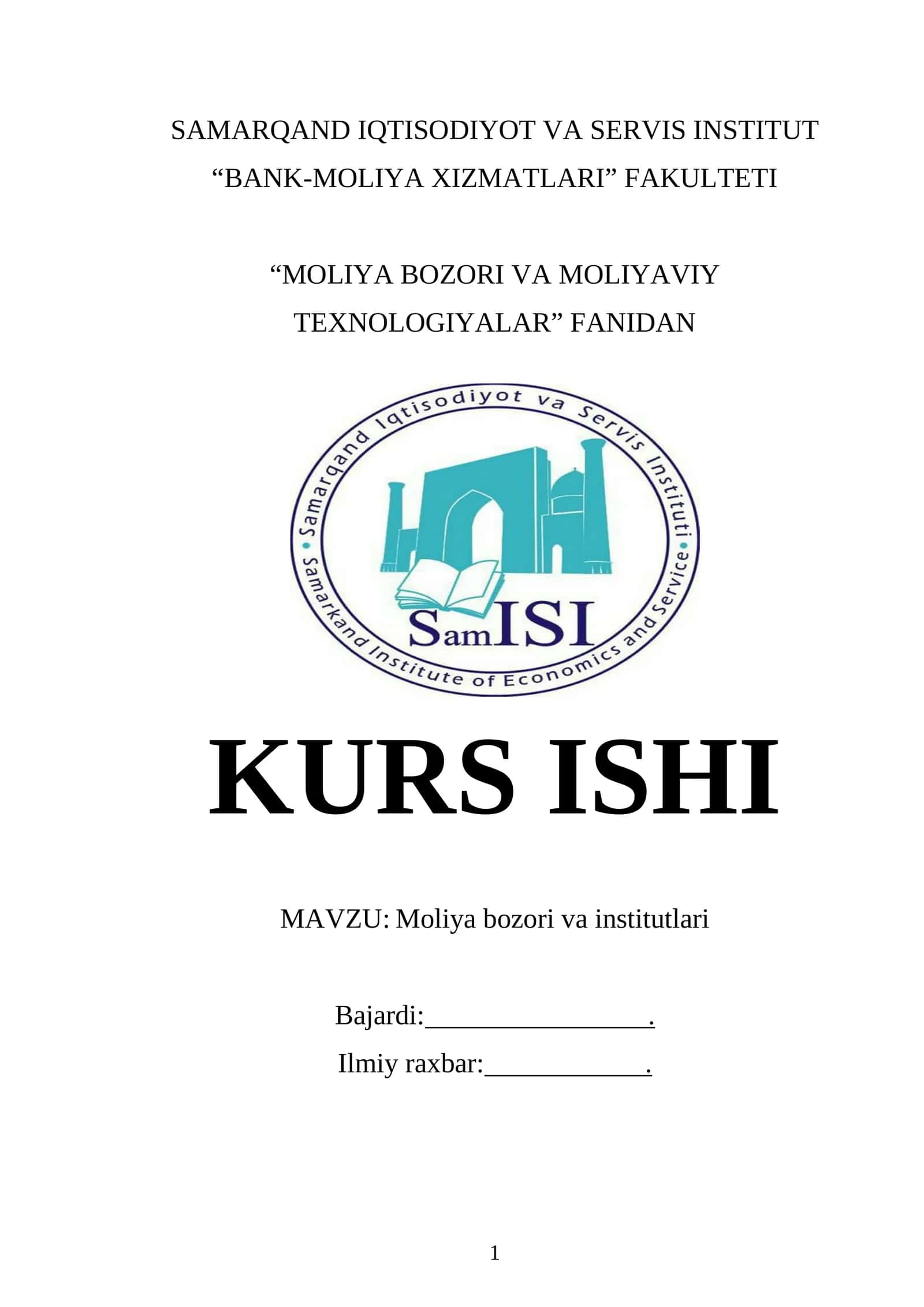 Moliya bozori va institutlari kurs ishi