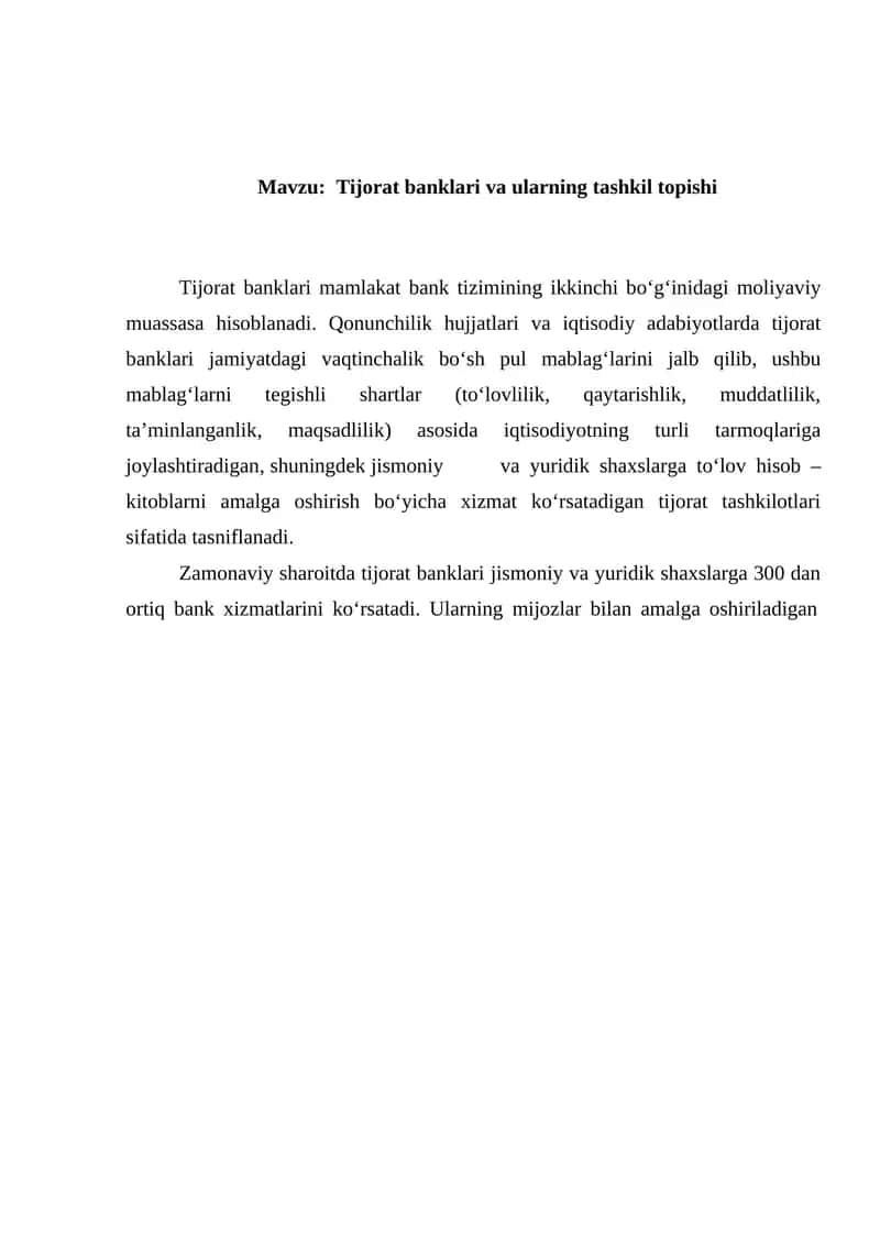 Tijorat banklari va ularning tashkil topishi