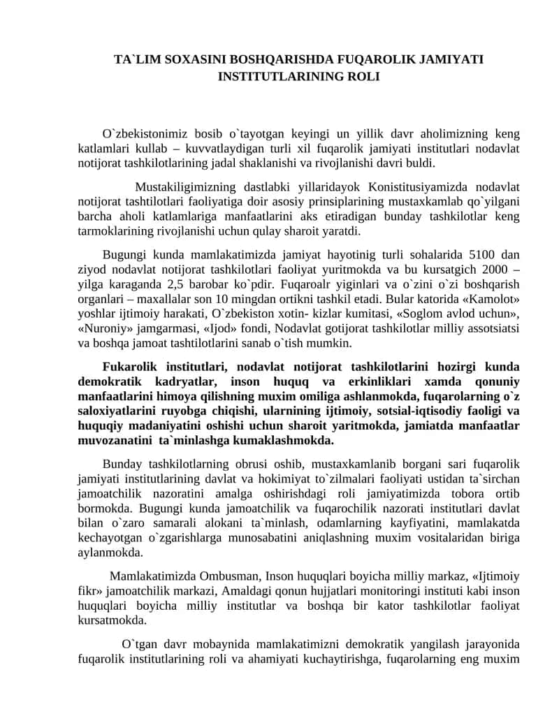 TA`LIM SOXASINI BOSHQARISHDA FUQAROLIK JAMIYATI INSTITUTLARINING ROLI