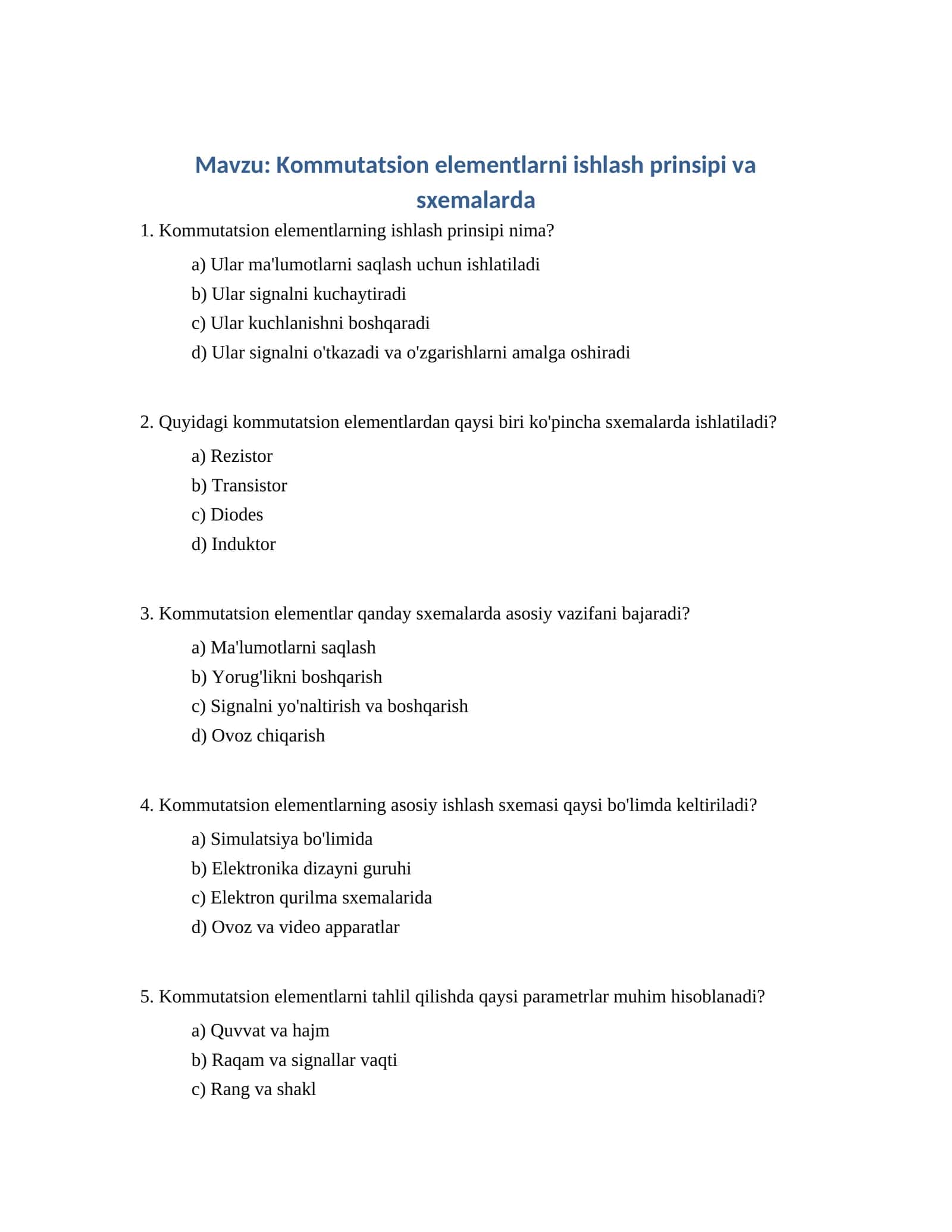 Kommutatsion elementlarni ishlash prinsipi va sxemalarda