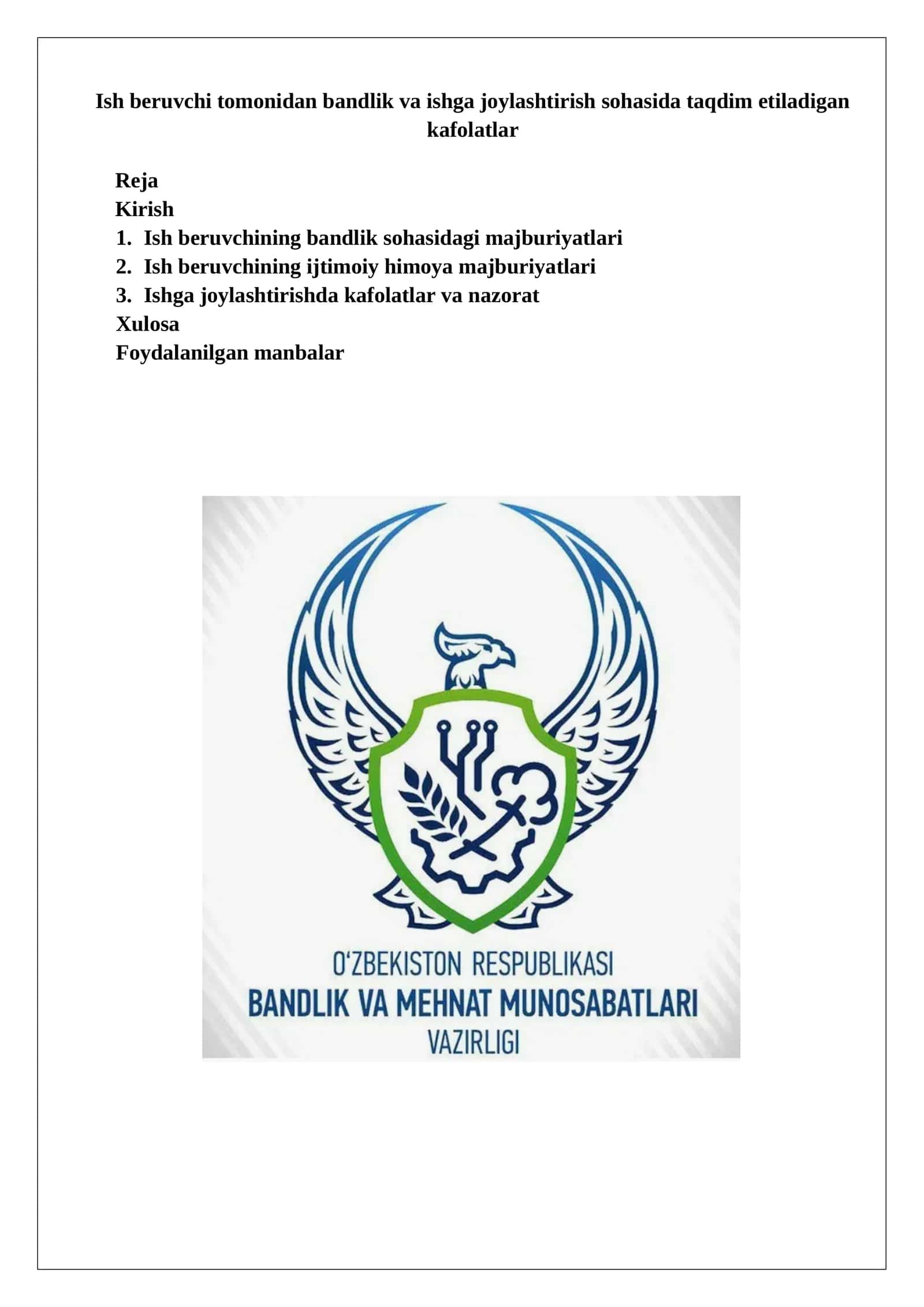Ish beruvchi tomonidan bandlik va ishga joylashtirish sohasida taqdim etiladigan kafolatlar