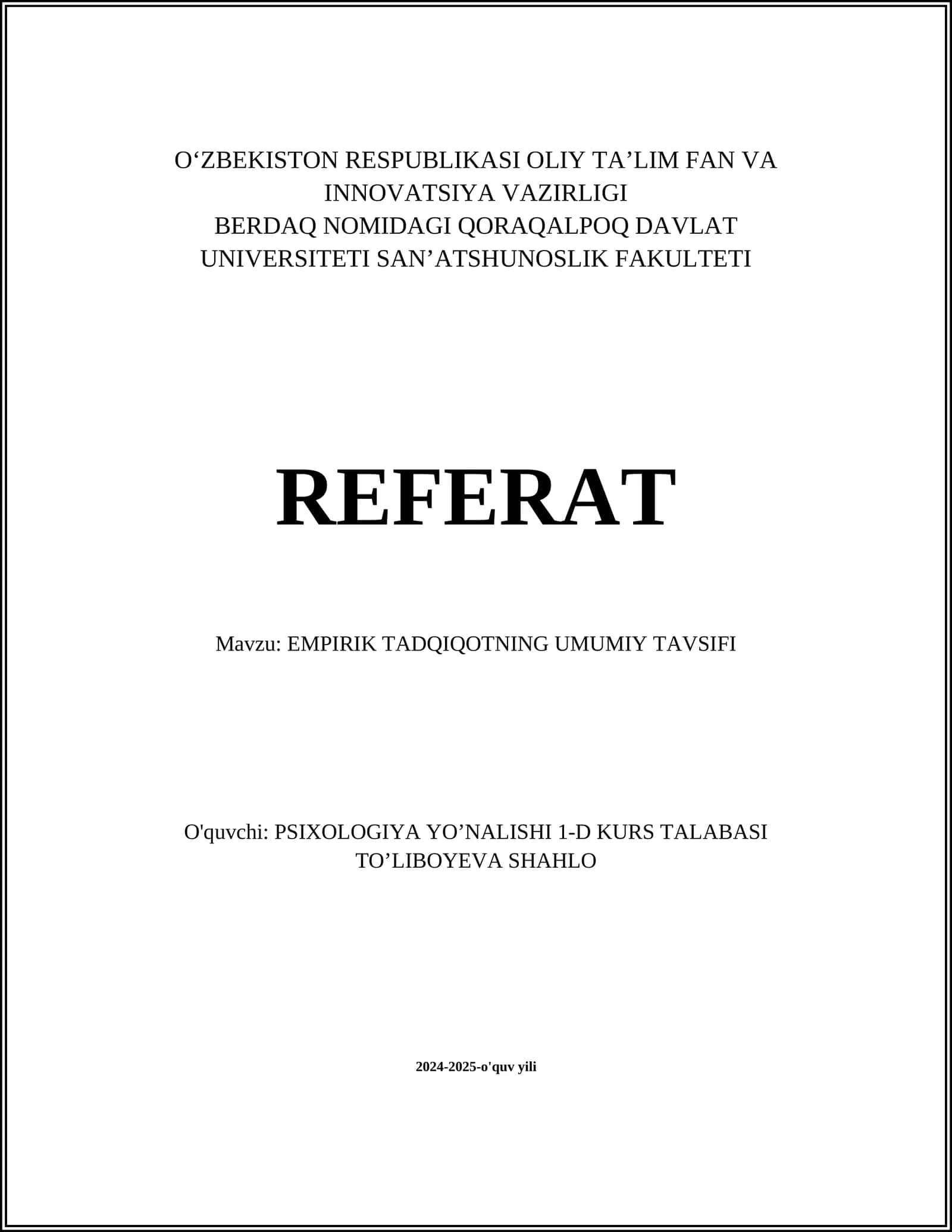 EMPIRIK TADQIQOTNING UMUMIY TAVSIFI