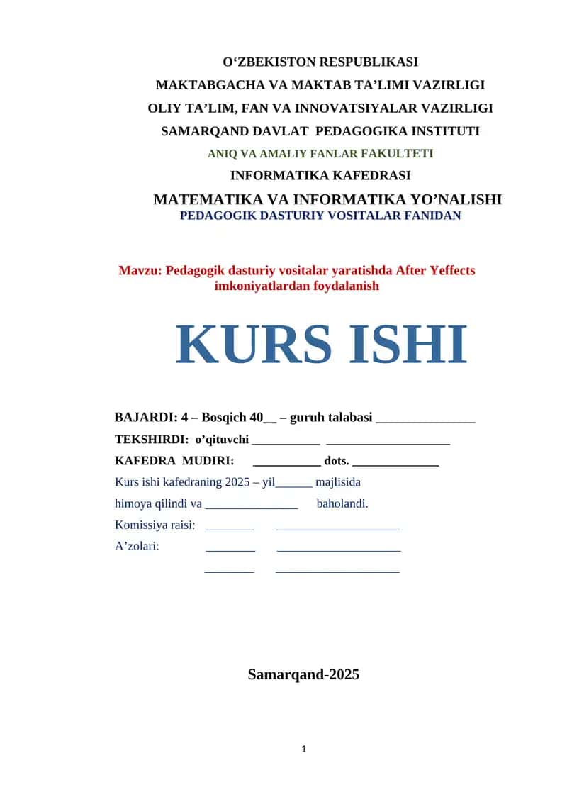 Pedagogik dasturiy vositalar yaratishda After Yeffects imkoniyatlardan foydalanish