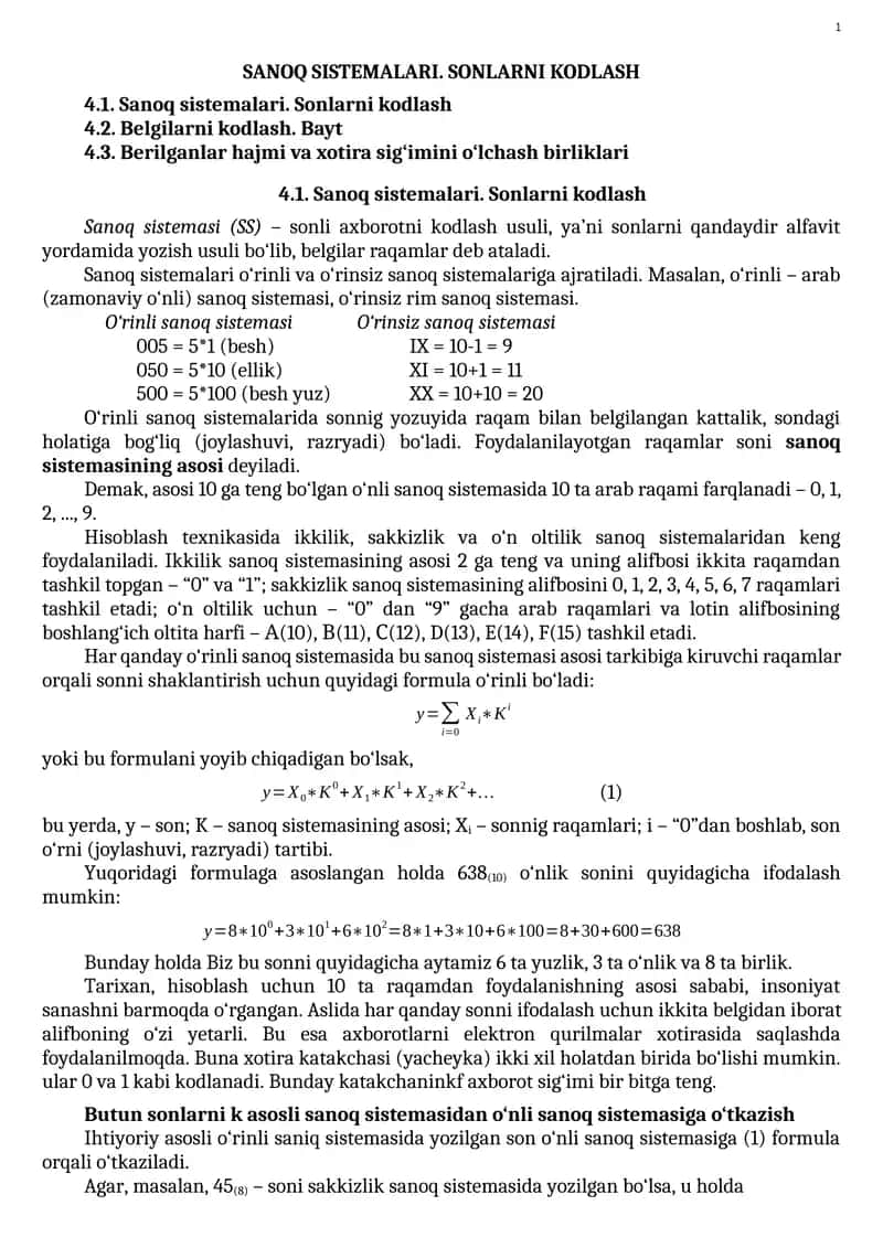 Sanoq sistemalari. Sonlarni kodlash