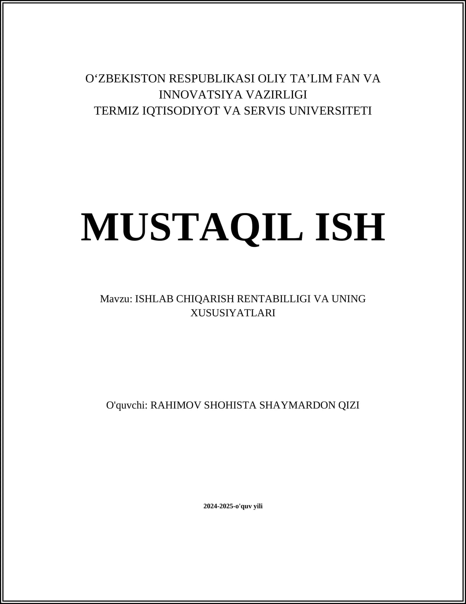 ISHLAB CHIQARISH RENTABILLIGI VA UNING XUSUSIYATLARI