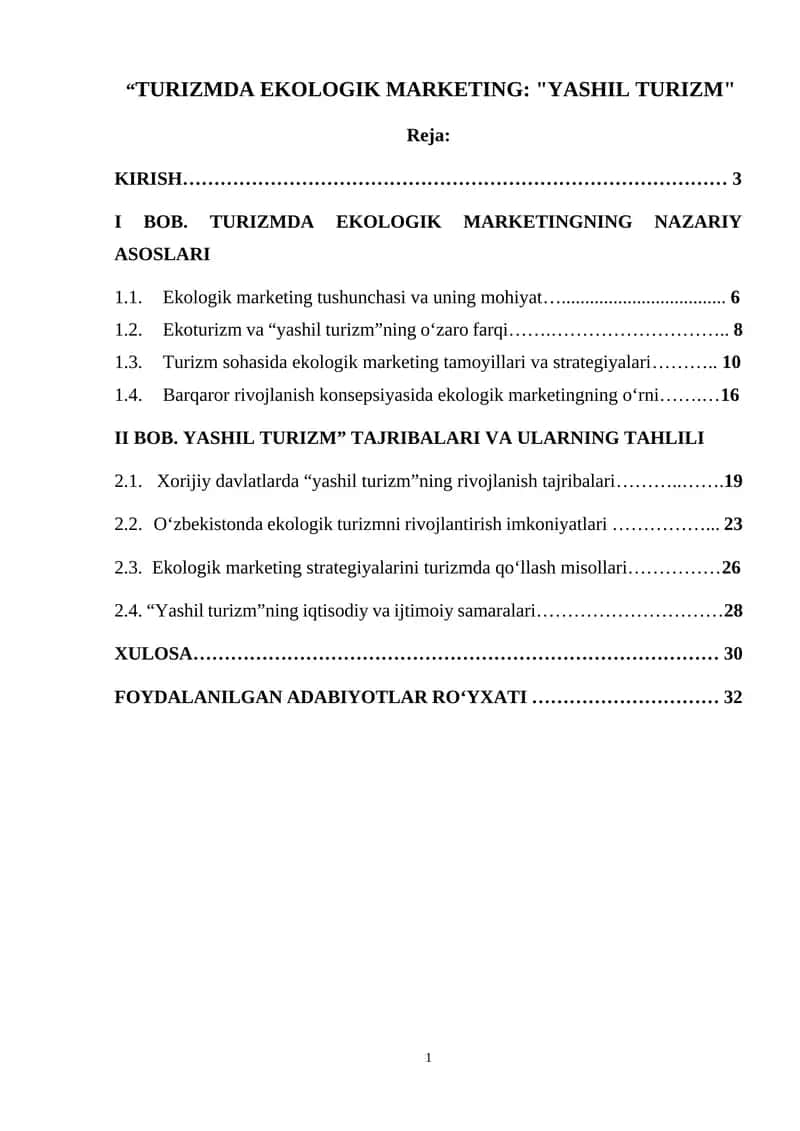 “TURIZMDA EKOLOGIK MARKETING: "YASHIL TURIZM"