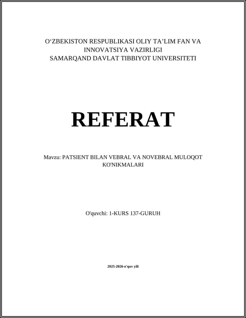 PATSIENT BILAN VEBRAL VA NOVEBRAL MULOQOT KO'NIKMALARI