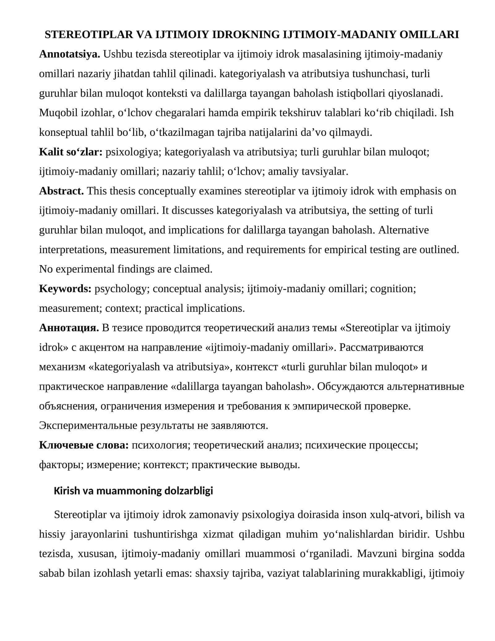 STEREOTIPLAR VA IJTIMOIY IDROKNING IJTIMOIY-MADANIY OMILLARI