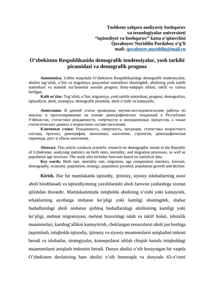 O’zbekiston Respublikasida demografik tendensiyalar, yosh tarkibi piramidasi va demografik prognoz