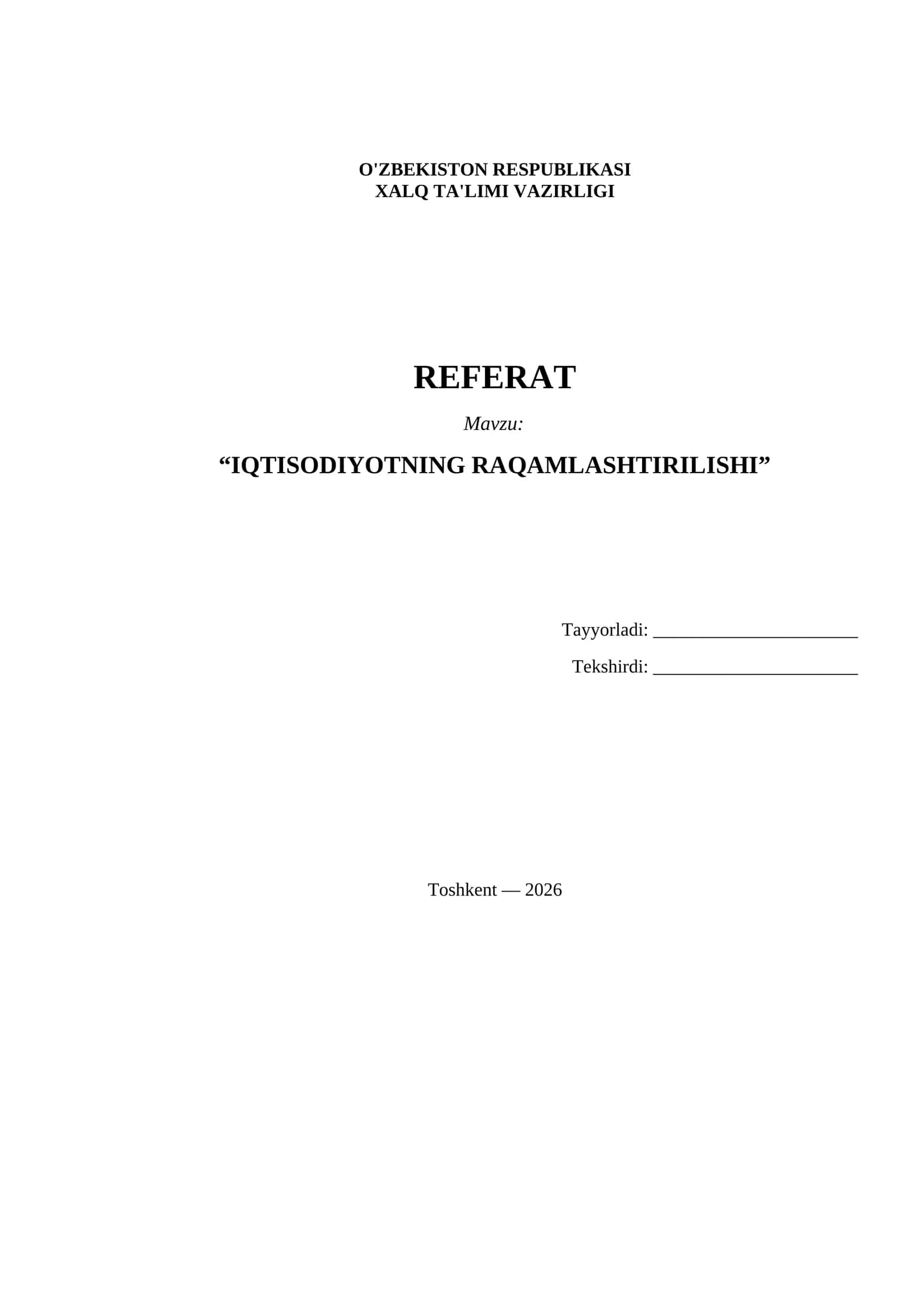 Referat iqtisodiyotni raqamlashtirish