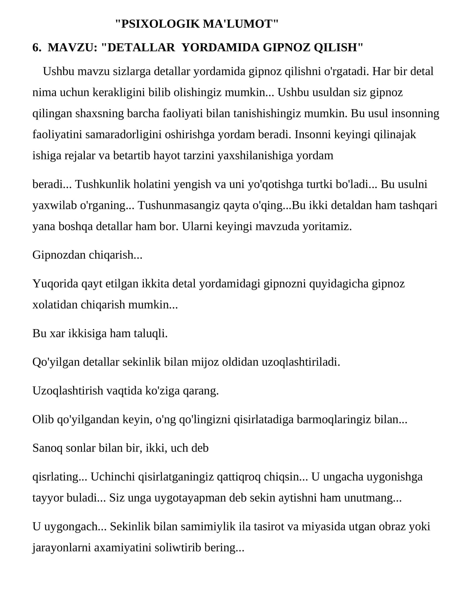 DETALLAR YORDAMIDA GIPNOZ QILISH
