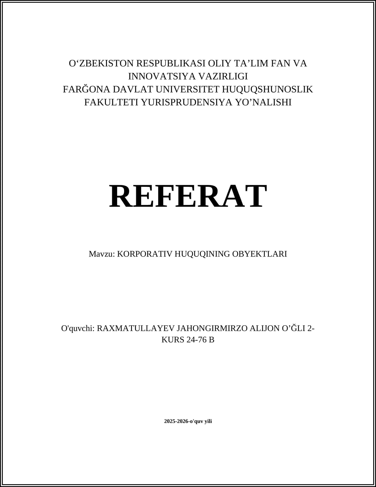 KORPORATIV HUQUQINING OBYEKTLARI