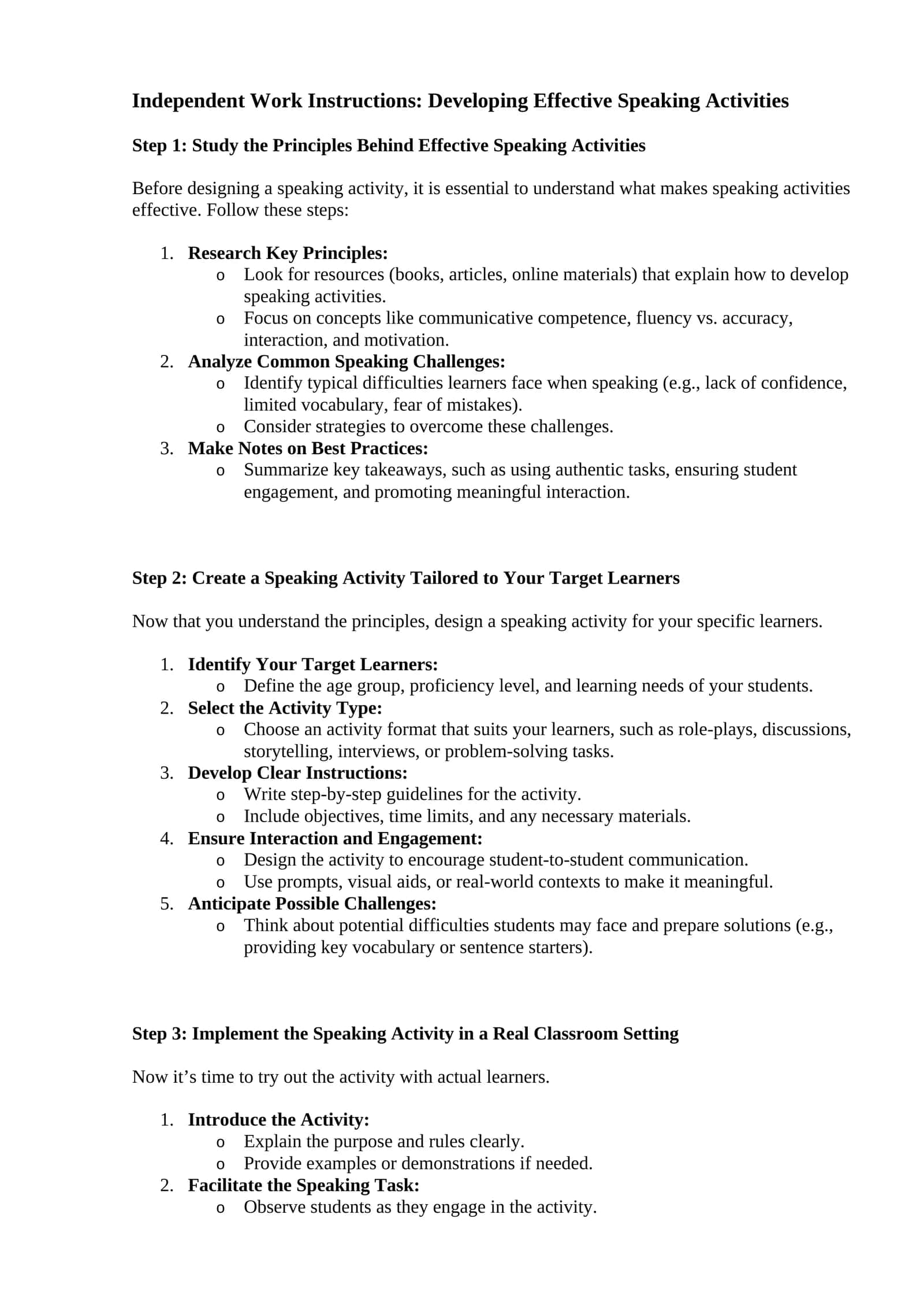 Independent Work Instructions: Developing Effective Speaking Activities