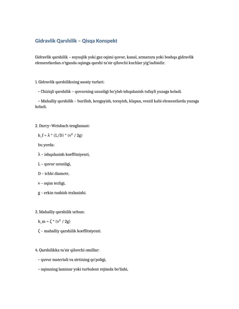 Gidravlik Qarshilik – Qisqa Konspekt