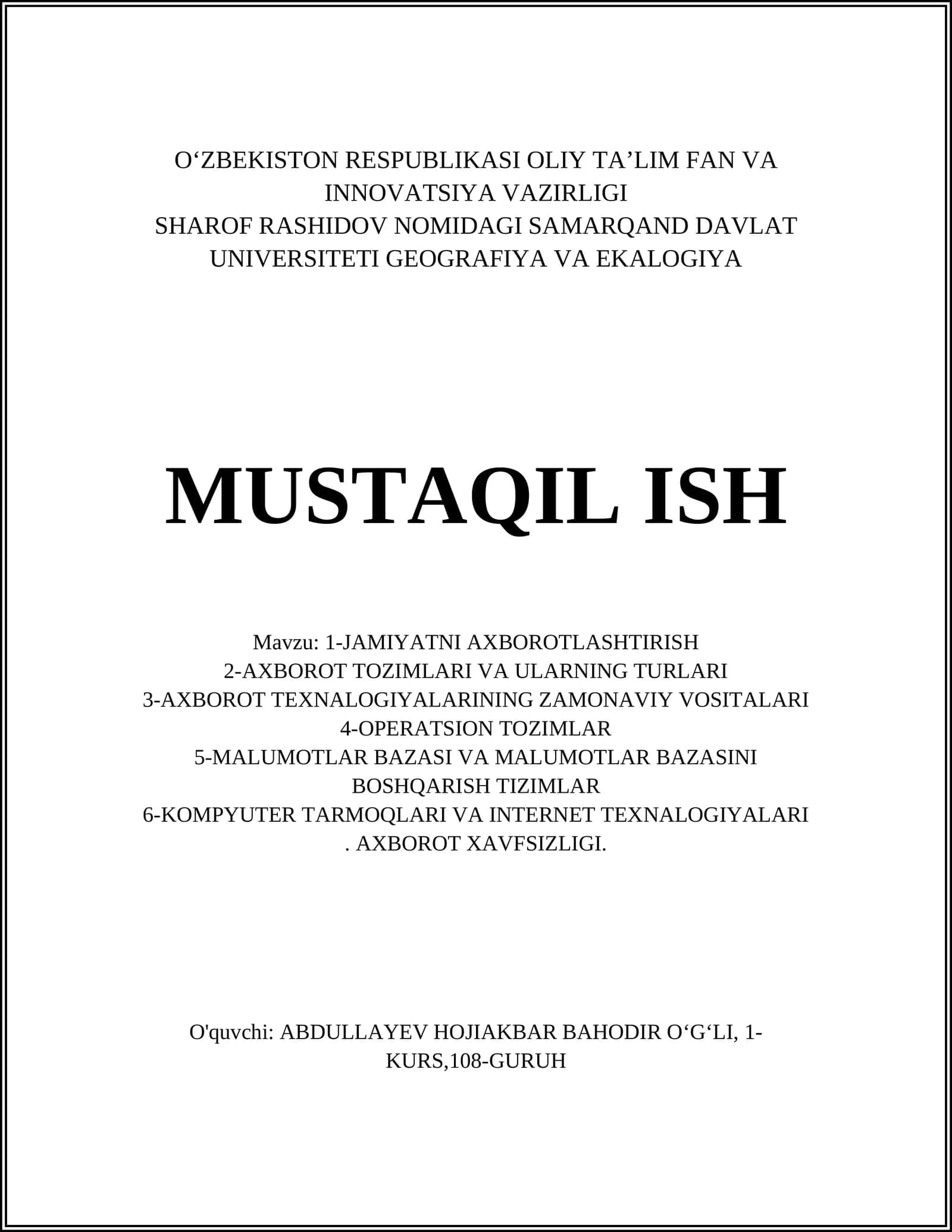 SHAROF RASHIDOV NOMIDAGI SAMARQAND DAVLAT UNIVERSITETI GEOGRAFIYA VA EKALOGIYA MUSTAQIL ISH