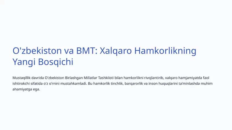 O'zbekiston va BMT: Xalqaro Hamkorlikning Yangi Bosqichi