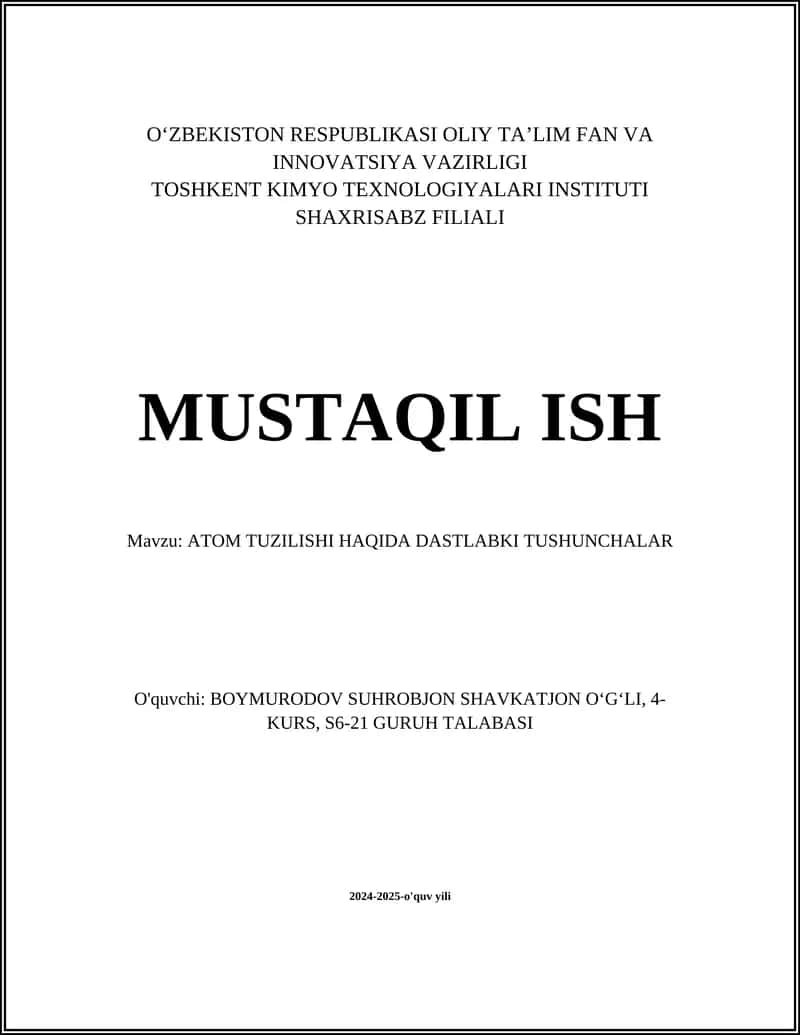 ATOM TUZILISHI HAQIDA DASTLABKI TUSHUNCHALAR