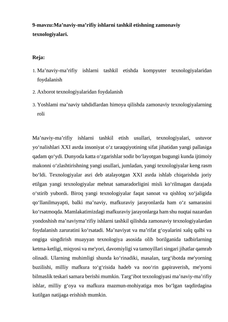 Ma’naviy-ma’rifiy ishlarni tashkil etishning zamonaviy texnologiyalari.