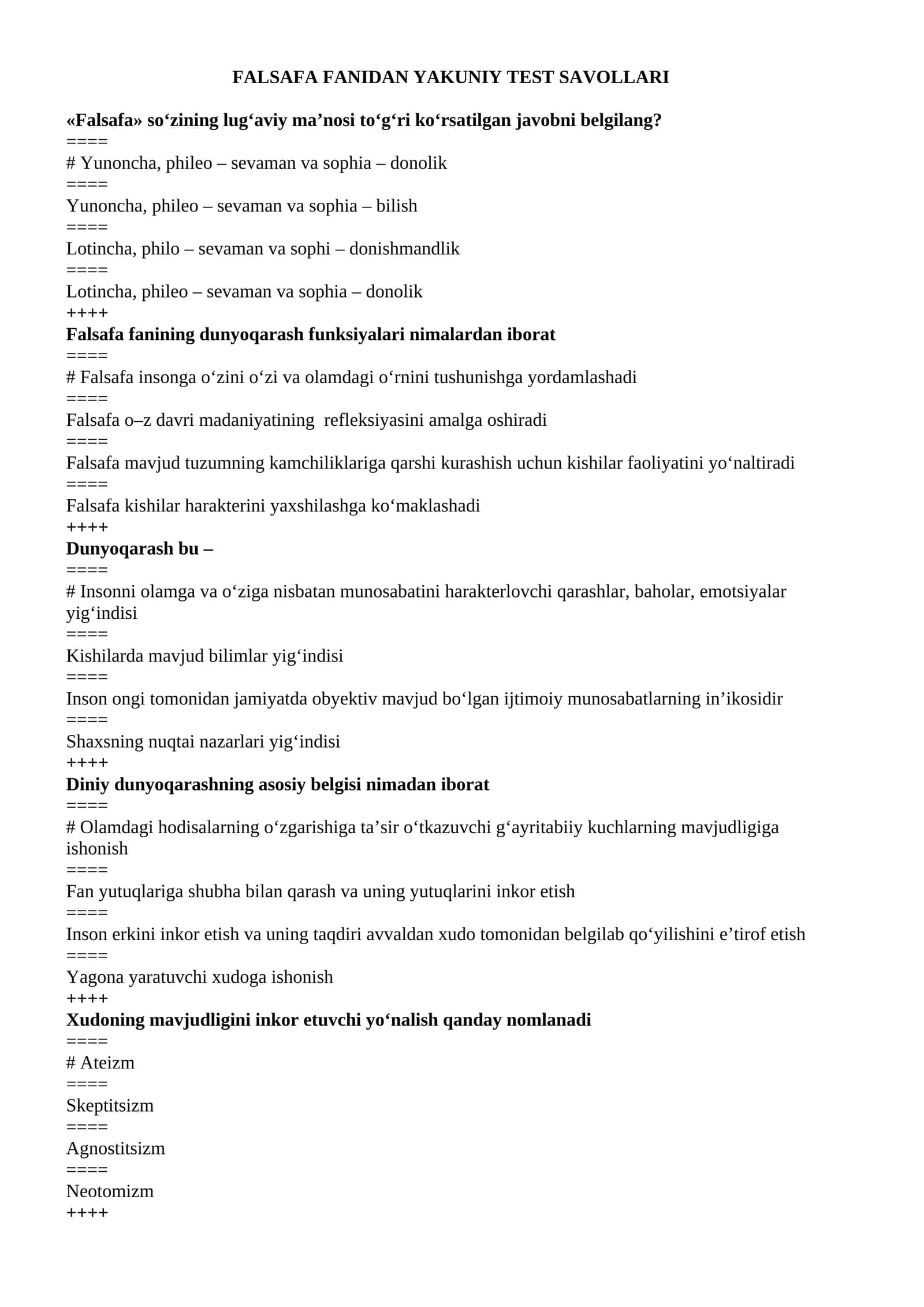 FALSAFADAN TEST SAVOLLARI