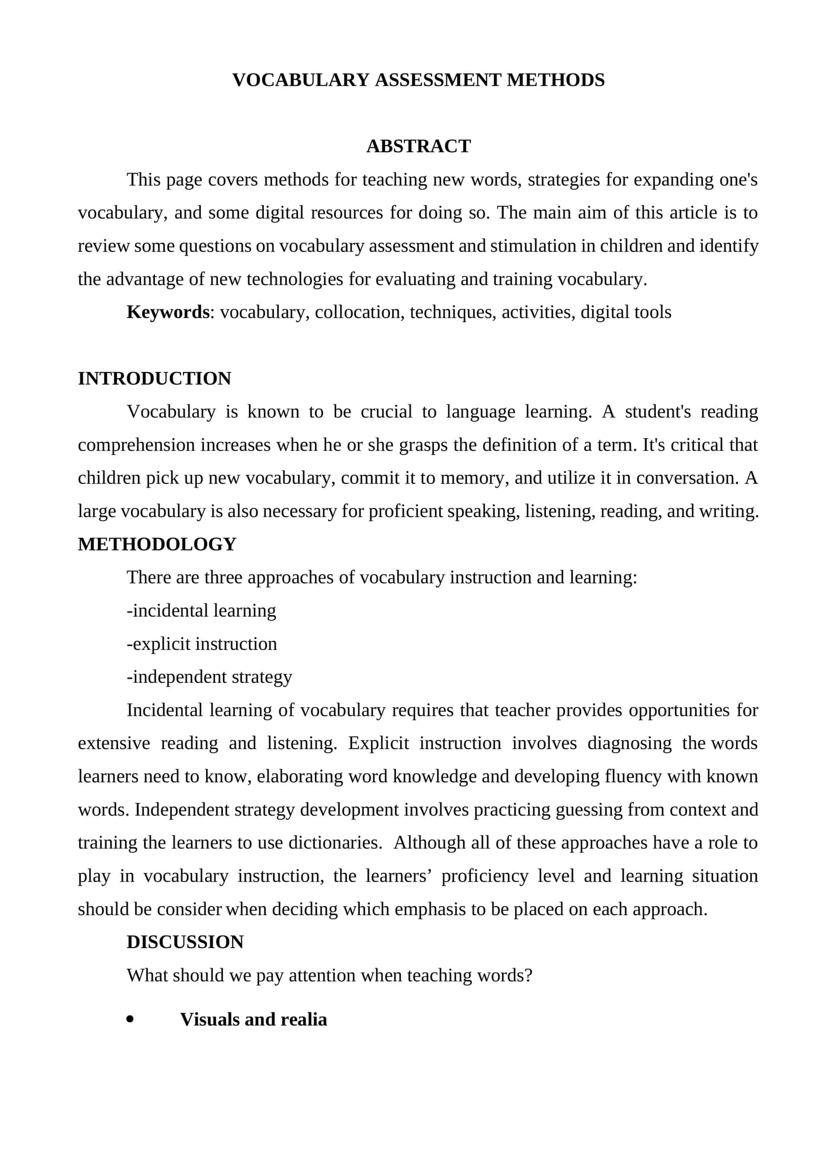 VOCABULARY assessment methods