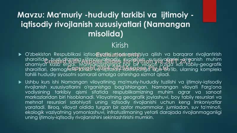 Namangan viloyatining ma'muriy-hududiy tarkibi va ijtimoiy-iqtisodiy rivojlanishining o'ziga xos xususiyatlari