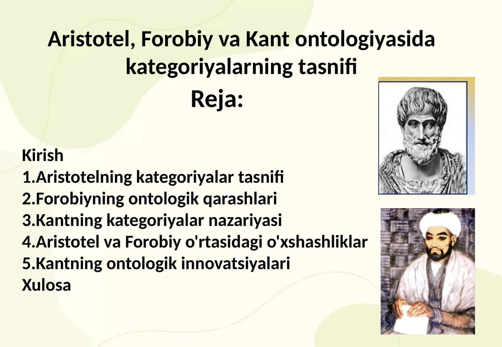 Aristotel, Forobiy va Kant ontologiyasida kategoriyalarning tasnifi