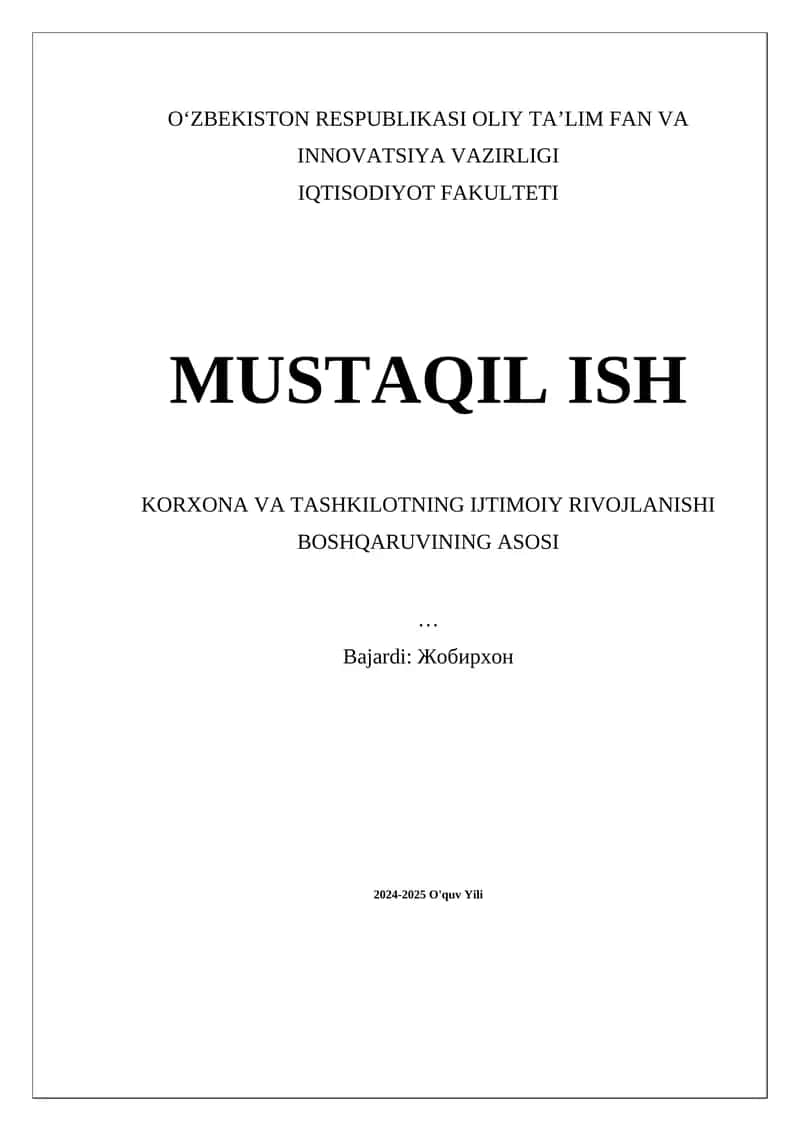 Korxona va Tashkilotning Ijtimoiy Rivojlanishi Boshqaruvini O'rganish