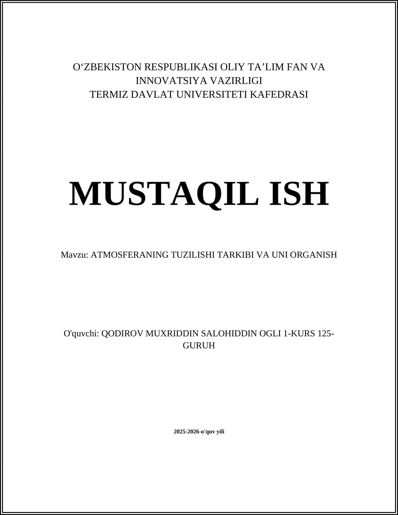 ATMOSFERANING TUZILISHI TARKIBI VA UNI ORGANISH