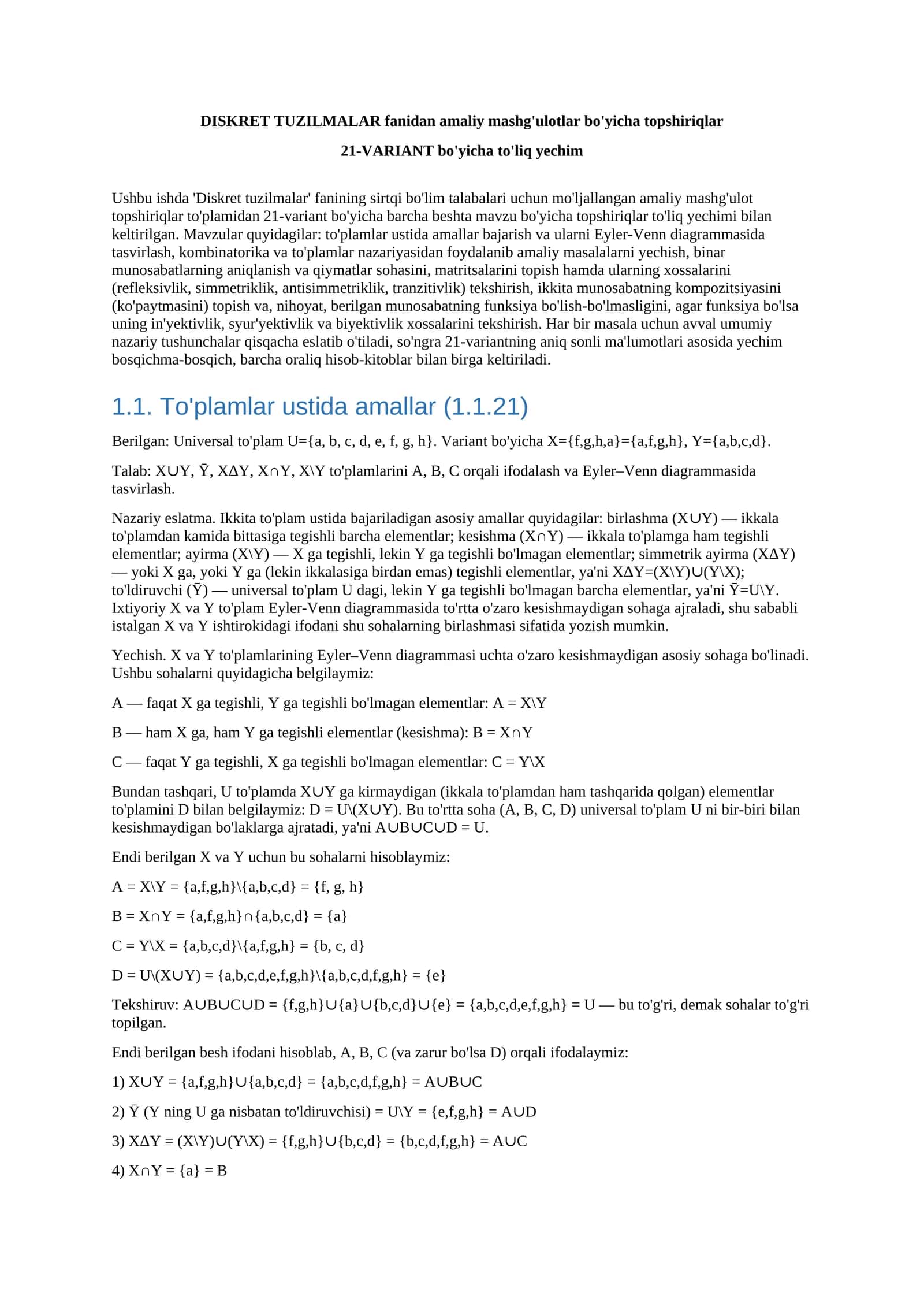 Diskret tuzilmalar fanidan amaliy mashg'ulotlar bo'yicha topshiriqlar 21-VARIANT bo'yicha to'liq yechim