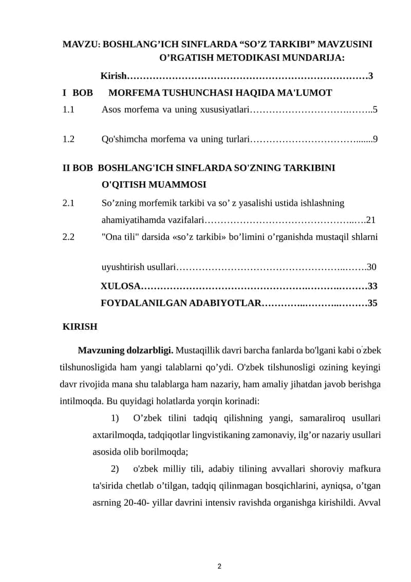 "Boshlang’ich sinflarda “So’z tarkibi” mavzusini o’rgatish metodikasi"