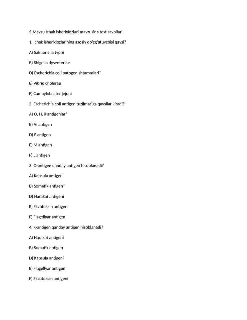 Ichak isherixiozlari test savollari