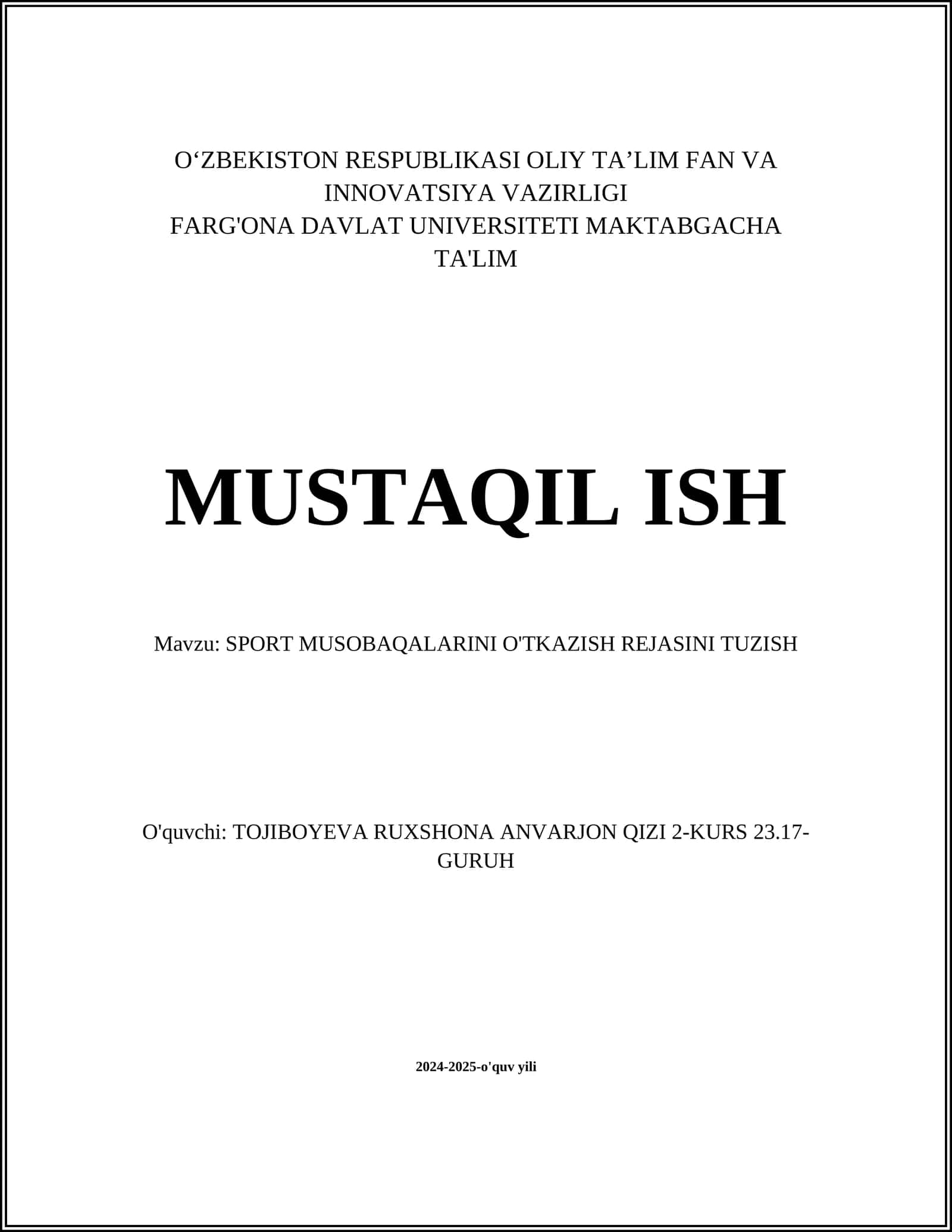 SPORT MUSOBAQALARINI O'TKAZISH REJASINI TUZISH